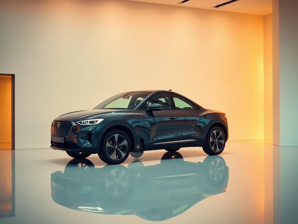 Elektro-SUV in einem ruhigen Showroom in der Dämmerung
