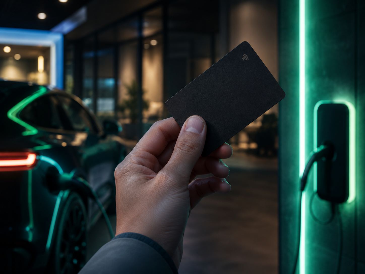 Hand hält gebrandete schwarze NFC-Ladekarte vor einer Ladesäule
