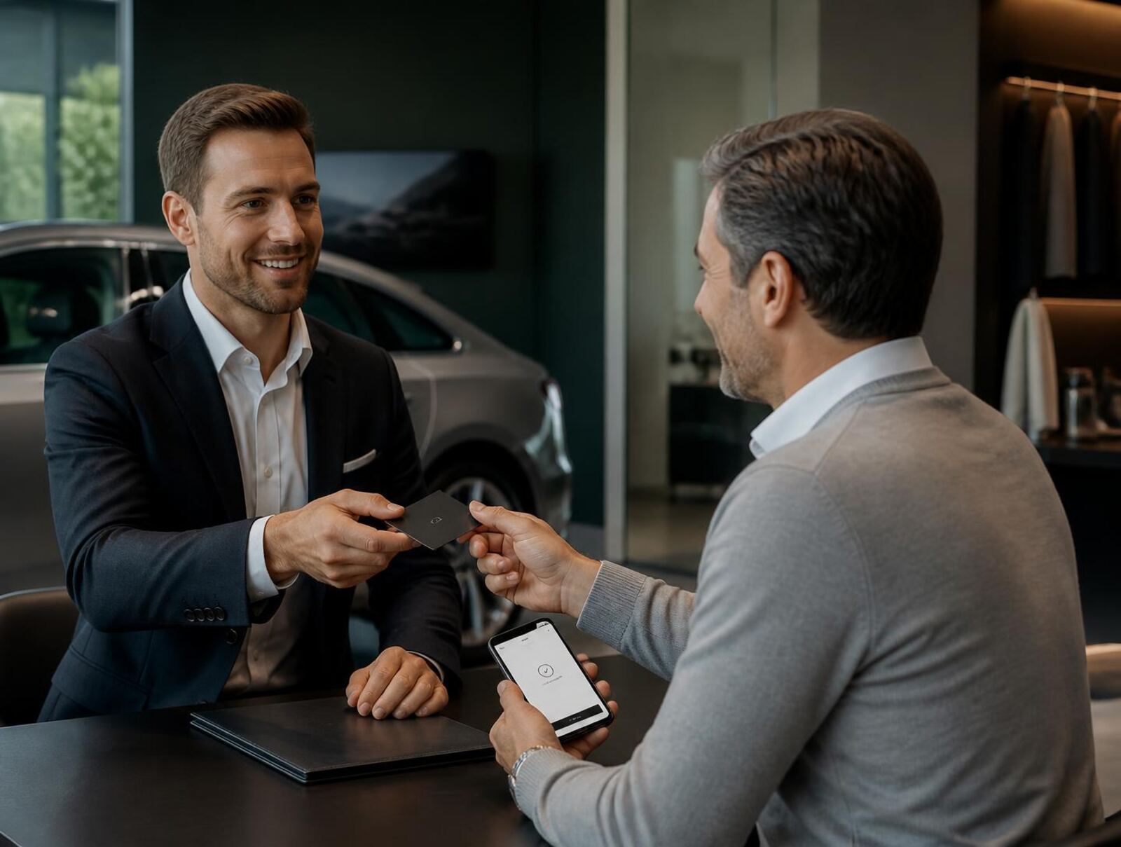 Übergabe eines gebrandeten Ladebonus nach dem Vertragsabschluss im Premium-Autohaus