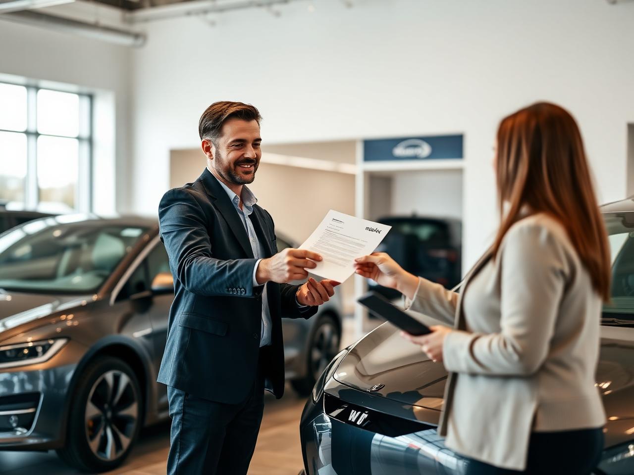 Beraterin und Kunde besprechen im Showroom Unterlagen zur Fahrzeugübergabe neben einem Elektrofahrzeug