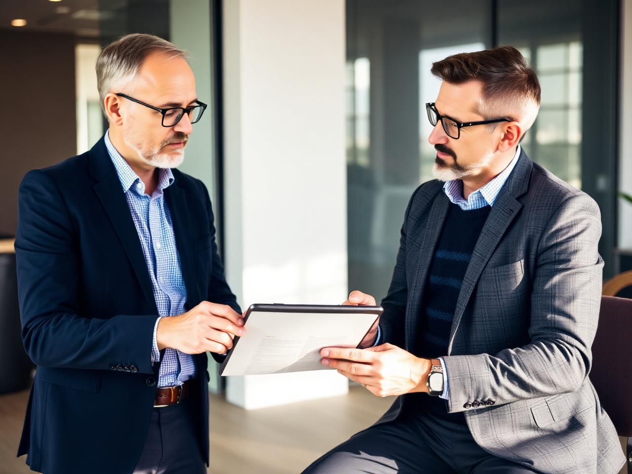 Berater und Kunde prüfen in einem modernen Büro gemeinsam Vertragsunterlagen auf einem Tablet