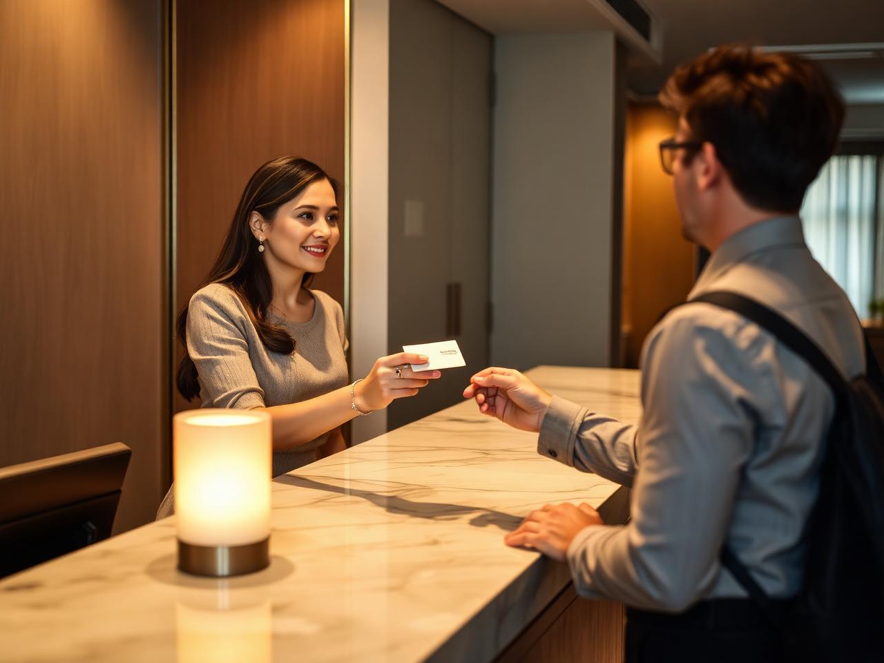 Rezeptionistin übergibt einem Gast am Empfang eines Designhotels eine Karte