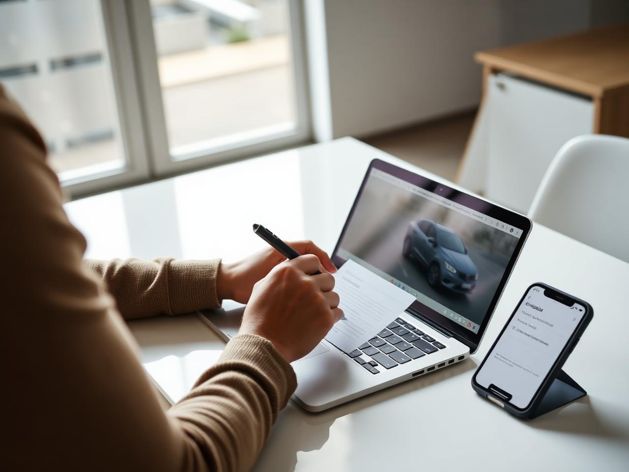 Person unterschreibt am Schreibtisch einen Fahrzeugvertrag am Laptop, daneben ein Smartphone mit Bestätigung