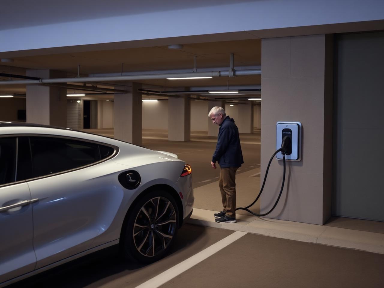 Bewohner lädt sein Elektrofahrzeug an einer Wallbox in der Tiefgarage eines modernen Wohngebäudes