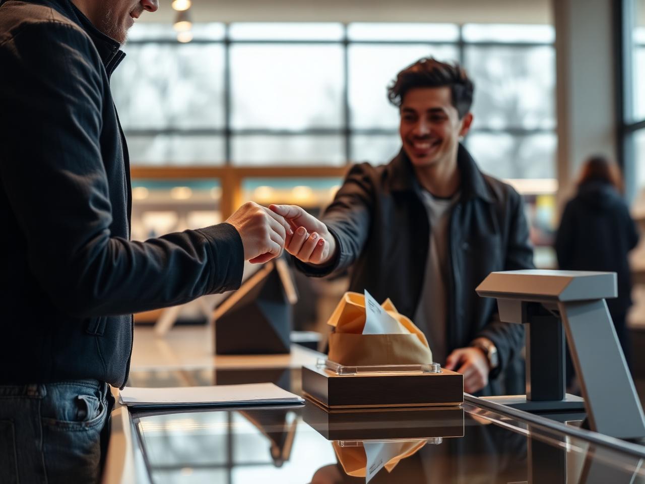 Mitarbeiter übergibt einem Kunden an der Kasse eines modernen Ladengeschäfts eine kleine Karte