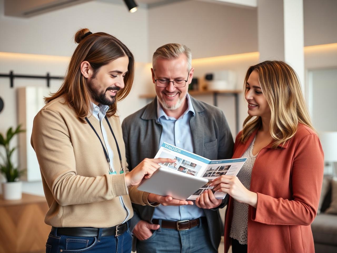 Beratungsgespräch zu Wallbox-Produkten mit Tablet und Prospekt in einem Showroom
