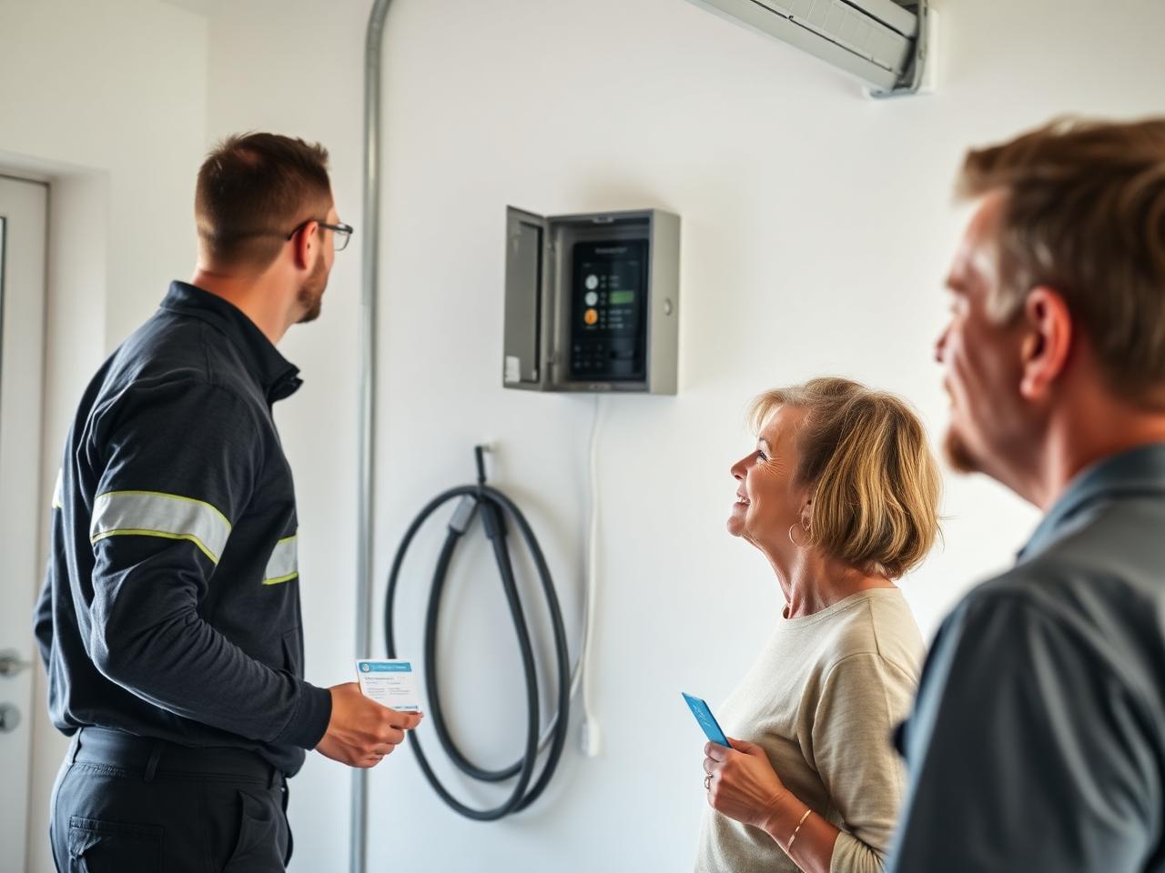 Techniker erklärt Kundinnen und Kunden nach der Installation die neue Wallbox in der Garage