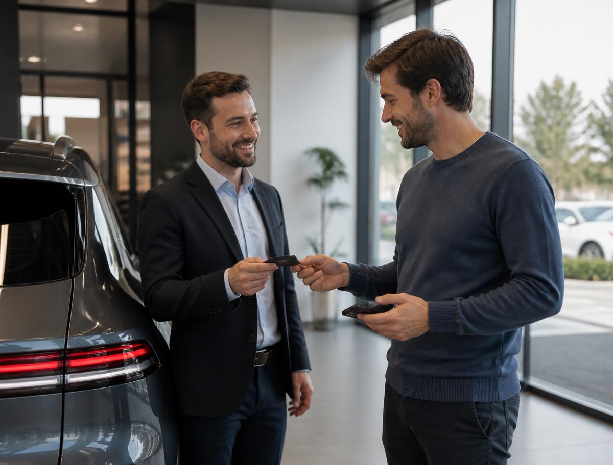 Kunde steigt nach einer Probefahrt aus einem Elektrofahrzeug vor dem Autohaus