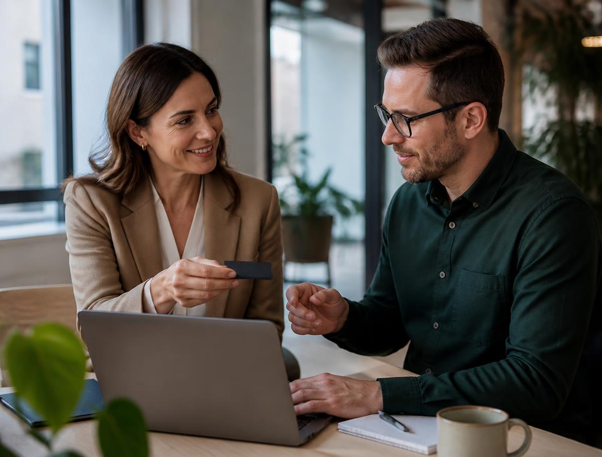 Zwei Business-Professionals im Onboarding-Gespräch, Übergabe einer dunklen gebrandeten Karte